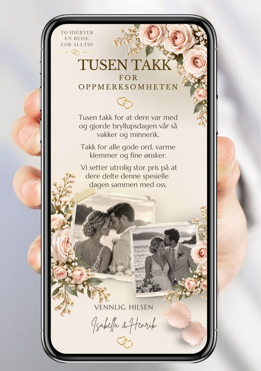 Takkekort med to polaroidbilder av brudepar, kremroser og gypsophila rundt hele kortet, gullhjerter og teksten "Tusen takk for oppmerksomheten" på beige bakgrunn