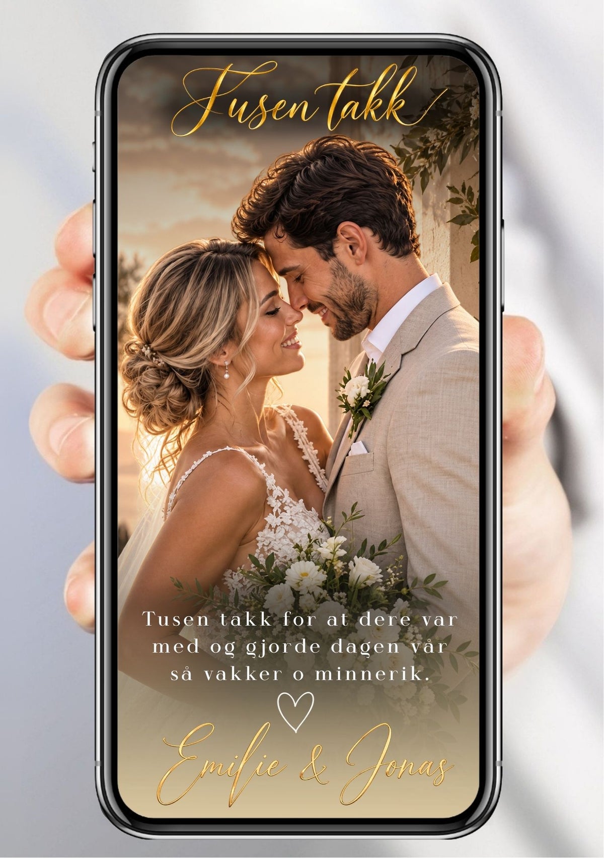 Takkekort med brudepar ansikt til ansikt i solnedgang med blomsterbukett, gullhåndskrift "Tusen takk" øverst, takketekst og håndskriftnavn "Emilie & Jonas" nederst