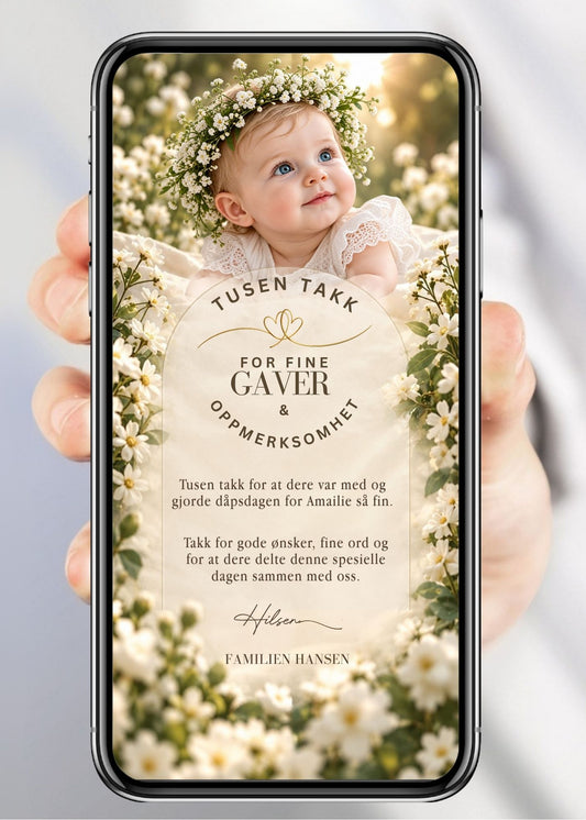 Digitalt takkekort til dåp og navnefest med babyfoto av baby med blomsterkrans omgitt av hvite ville blomster og gypsophila, ivory buet ramme, "Tusen takk for fine gaver & oppmerksomhet" og "Familien Hansen" på lys bakgrunn