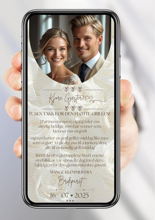 Takkekort bryllup beige romantisk - personlig design med ferdig tekstforslag