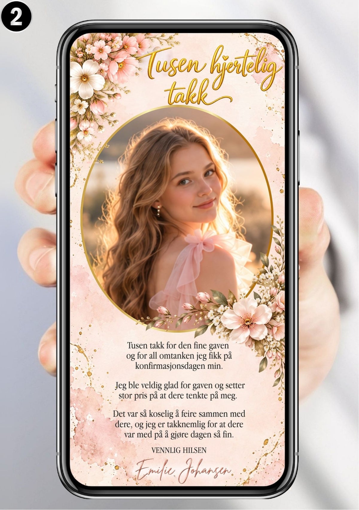 Digitalt takkekort med ovalt portrett, rosa blomsterdekor og gyllen takkeoverskrift på dus rosa bakgrunn, vist på mobil.