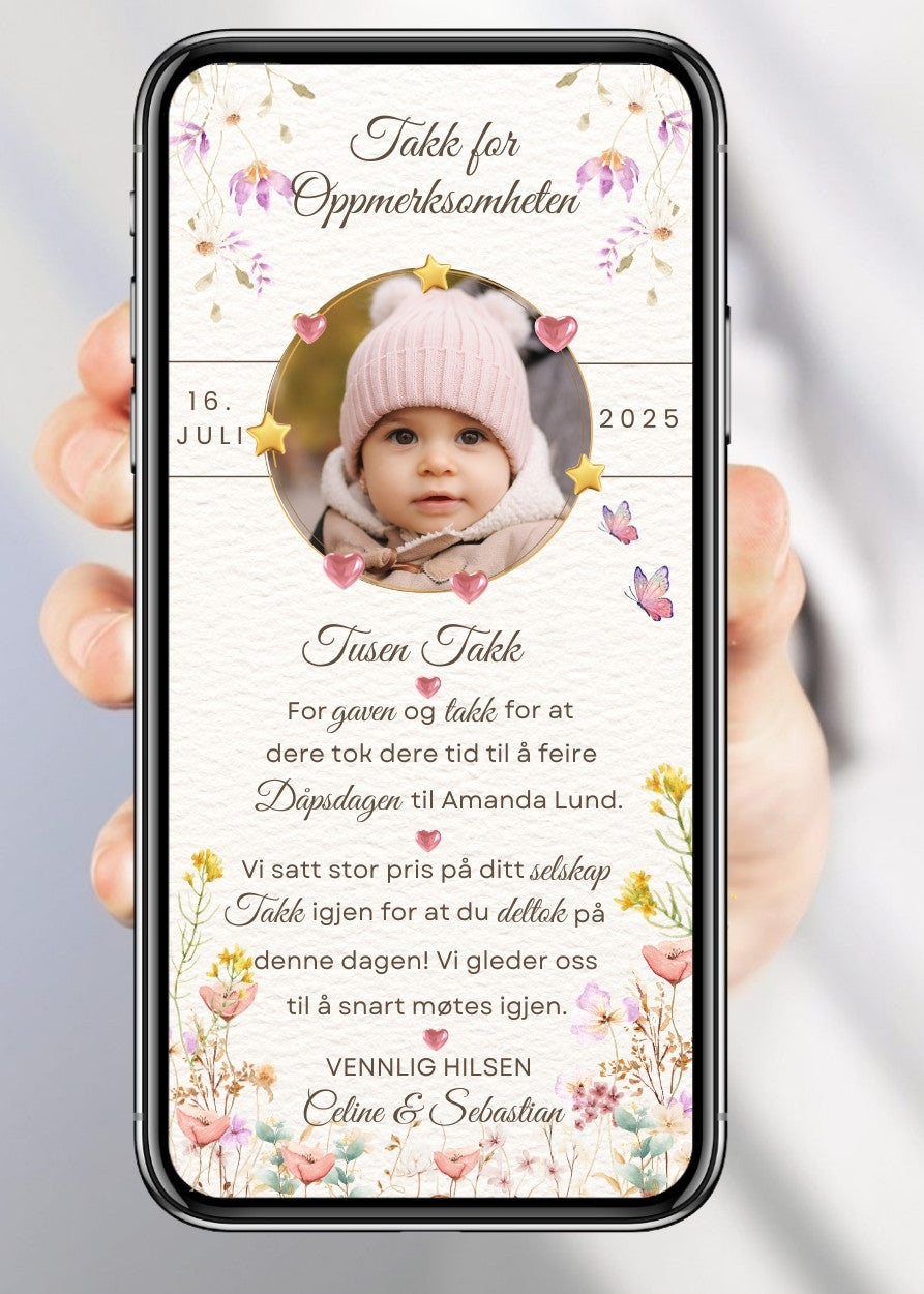Takkekort til dåp blomster design