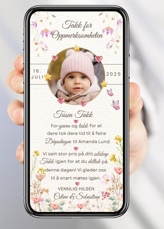 Takkekort til dåp blomster design