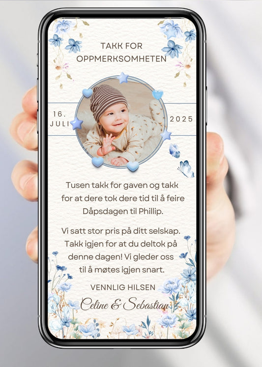 Takkekort til dåp blå akvarell