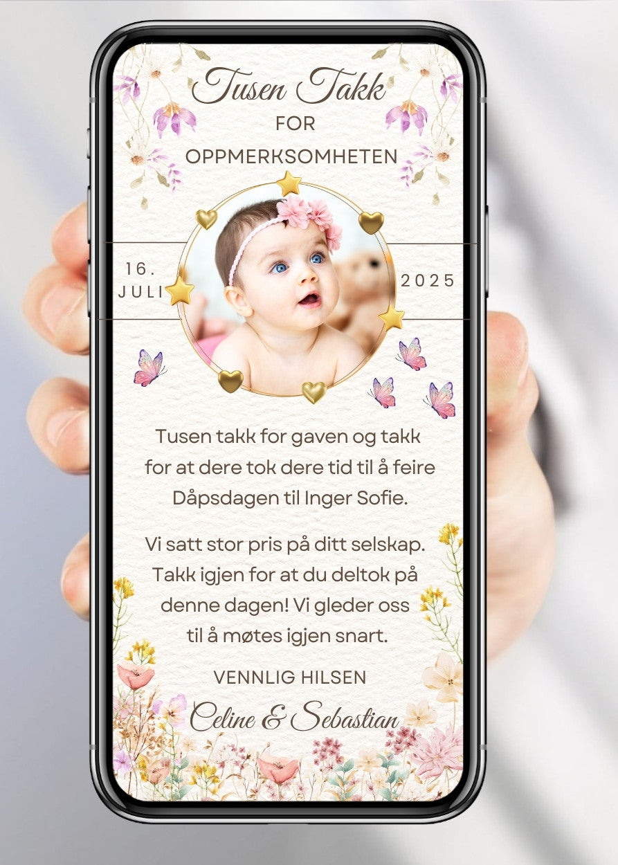 Takkekort til dåp akvarell med blomster