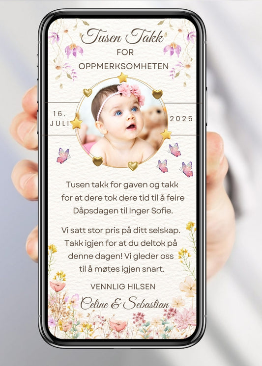 Takkekort til dåp akvarell med blomster