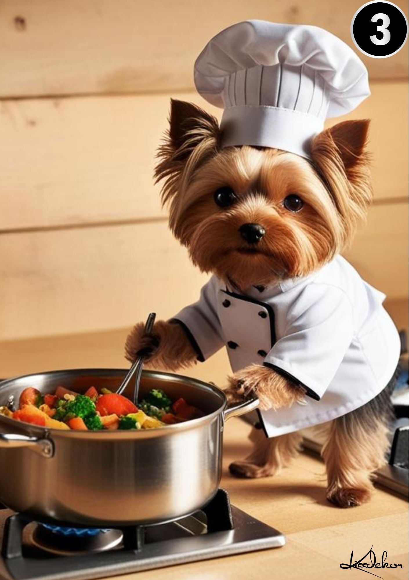 Yorkshire Terrier kokk med gryte - søt hund som kokk i kjøkkenet fra KISS DEKOR