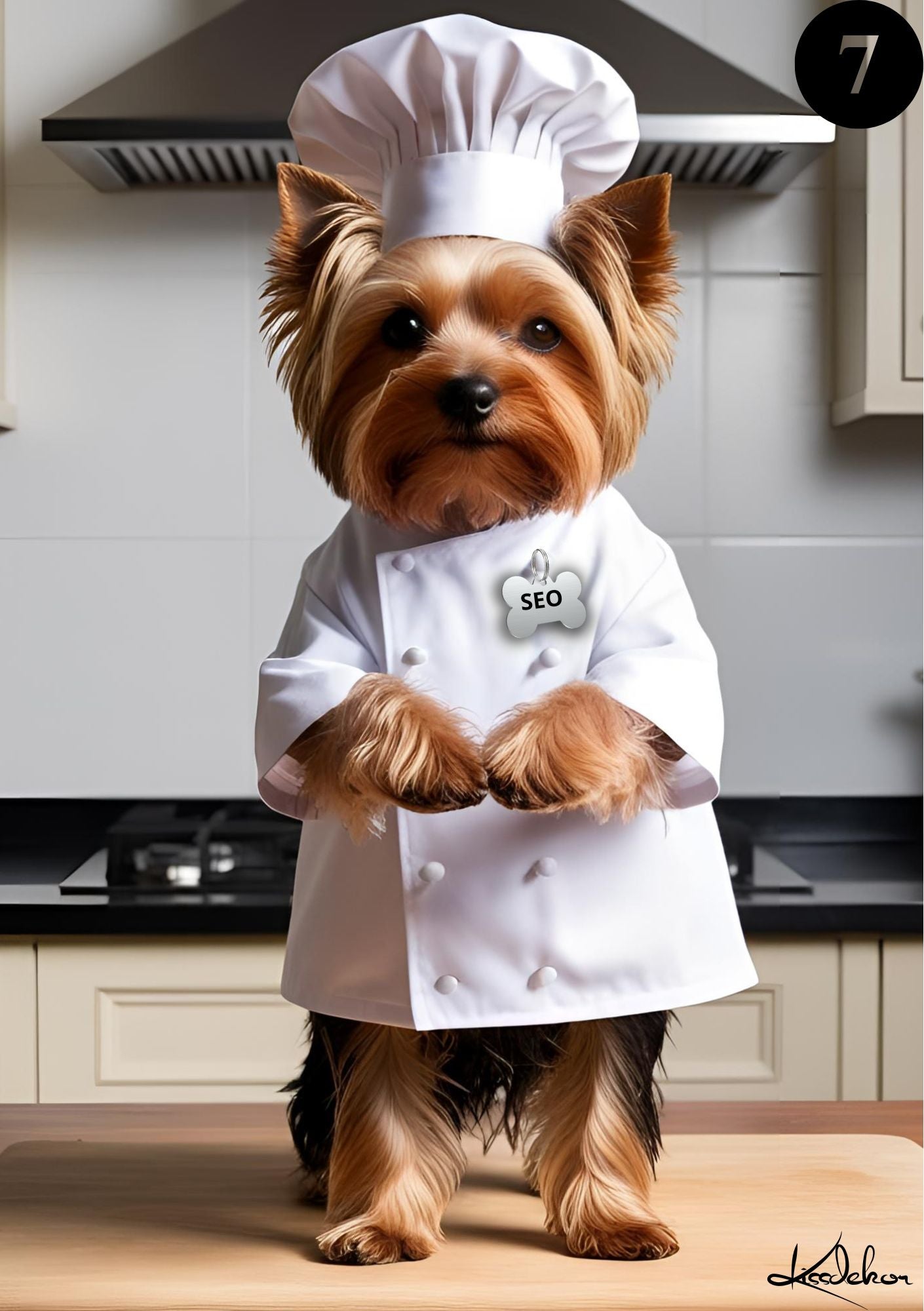 Yorkshire Terrier kokk i hvitt kjøkken - søt hund som kokk i kjøkkenet fra KISS DEKOR