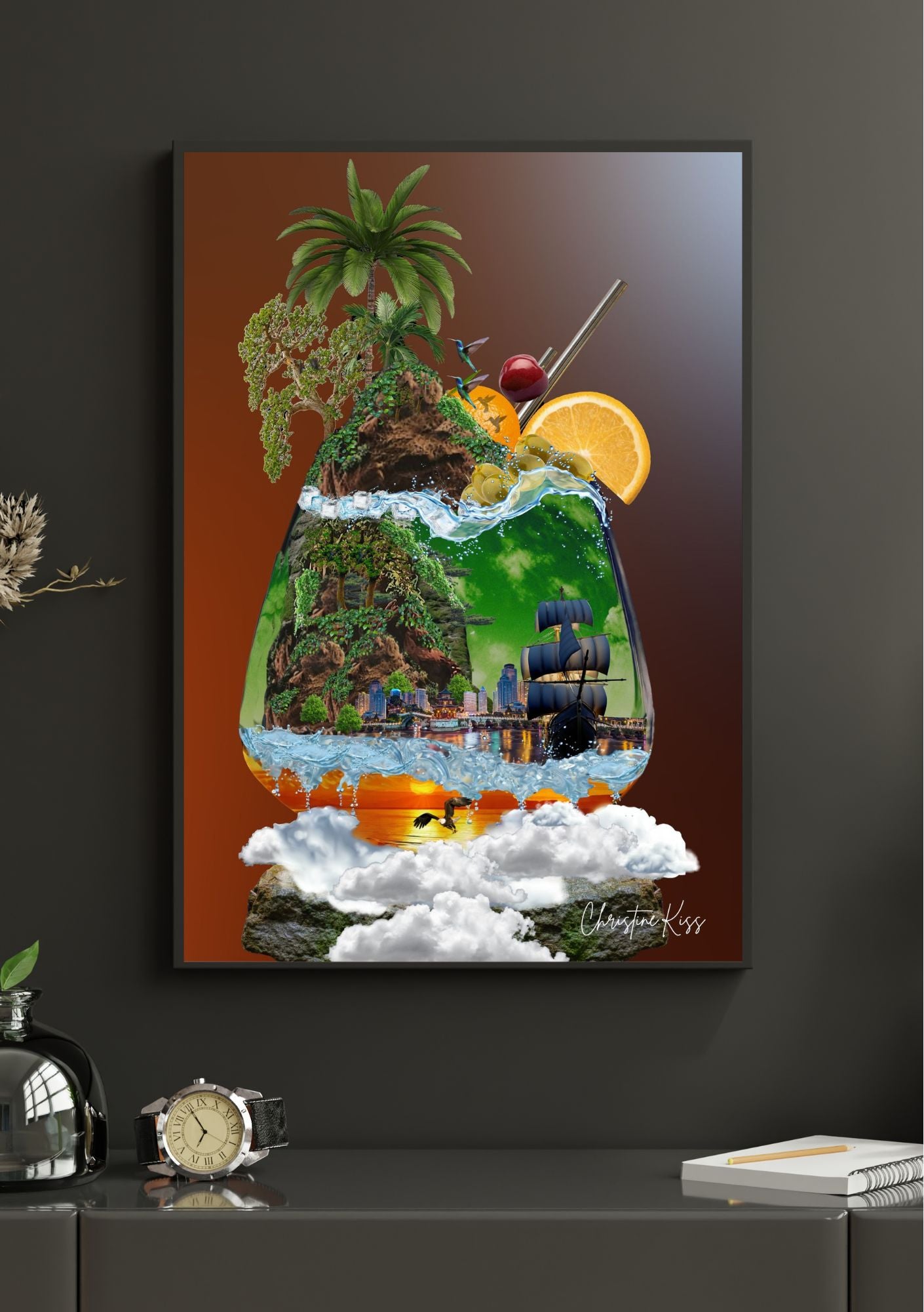 Tropisk drøm i glass varm bakgrunn - surrealistisk plakat på vegg fra KISS DEKOR