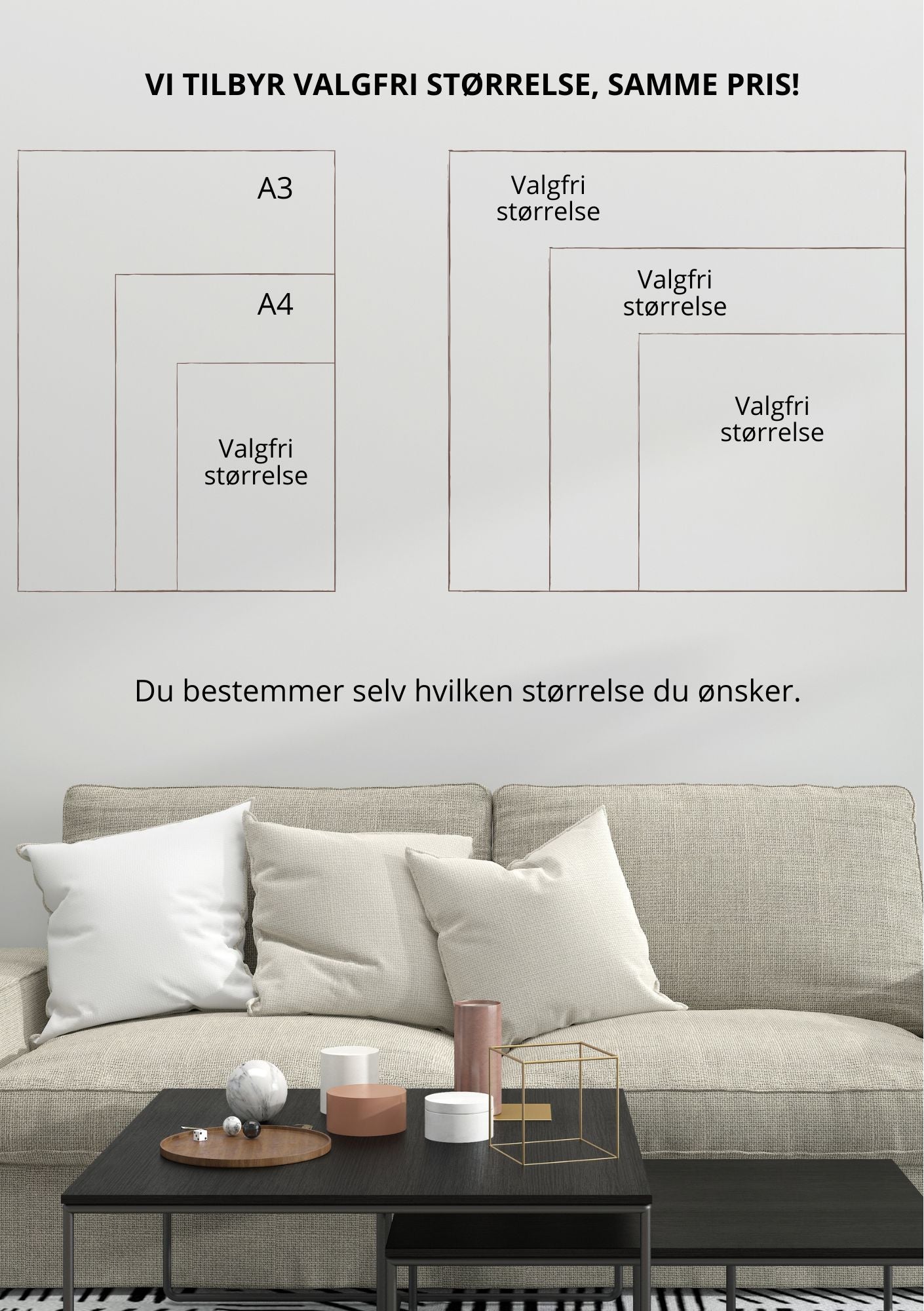 Størrelsesguide for plakater - A3, A4 og valgfri størrelse fra KISS DEKOR