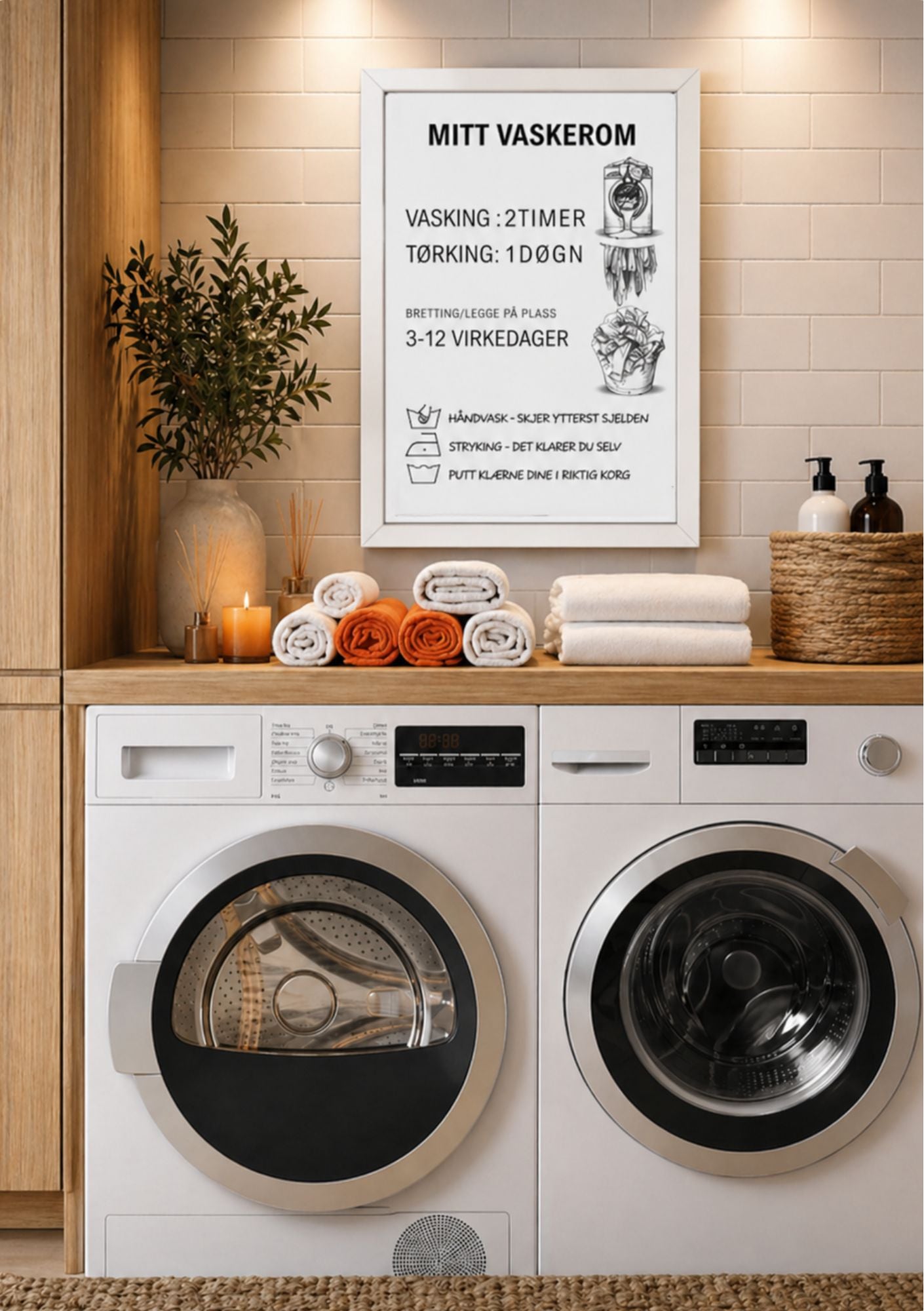 Vaskeromsskilt med Laundry Guide i hvit ramme over vaskemaskin og tørketrommel – plakat med tekst og bilder for klesvask, i  hvit fargepalett, i moderne vaskerom med hvite fliser og trebenk 