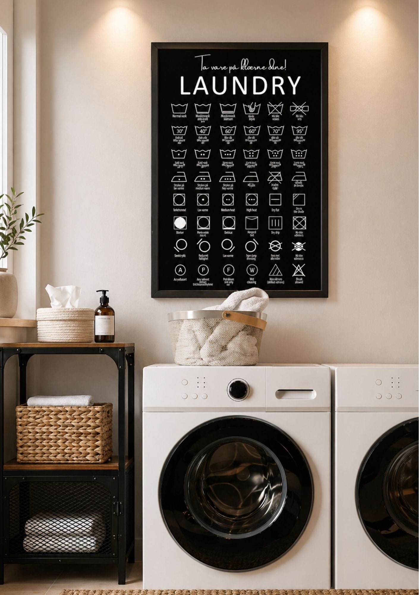 Vaskeromsbilde med vaskesymboler hengende over vaskemaskin - svart laundry-plakat fra KISS DEKOR