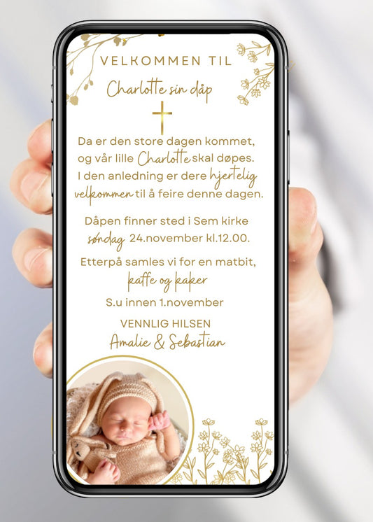 Navnefest og dåp hvit og beige invitasjon – klassisk design til mobil