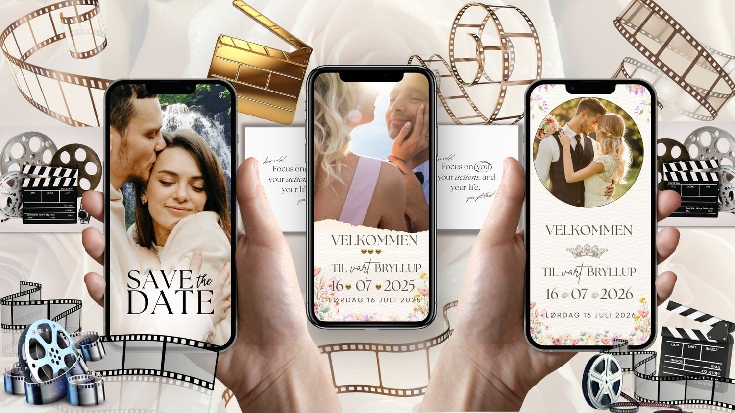 Digitale bryllupsinvitasjoner med video og animasjon - Save the Date og bryllupsinvitasjon med filmruller og bevegelige elementer