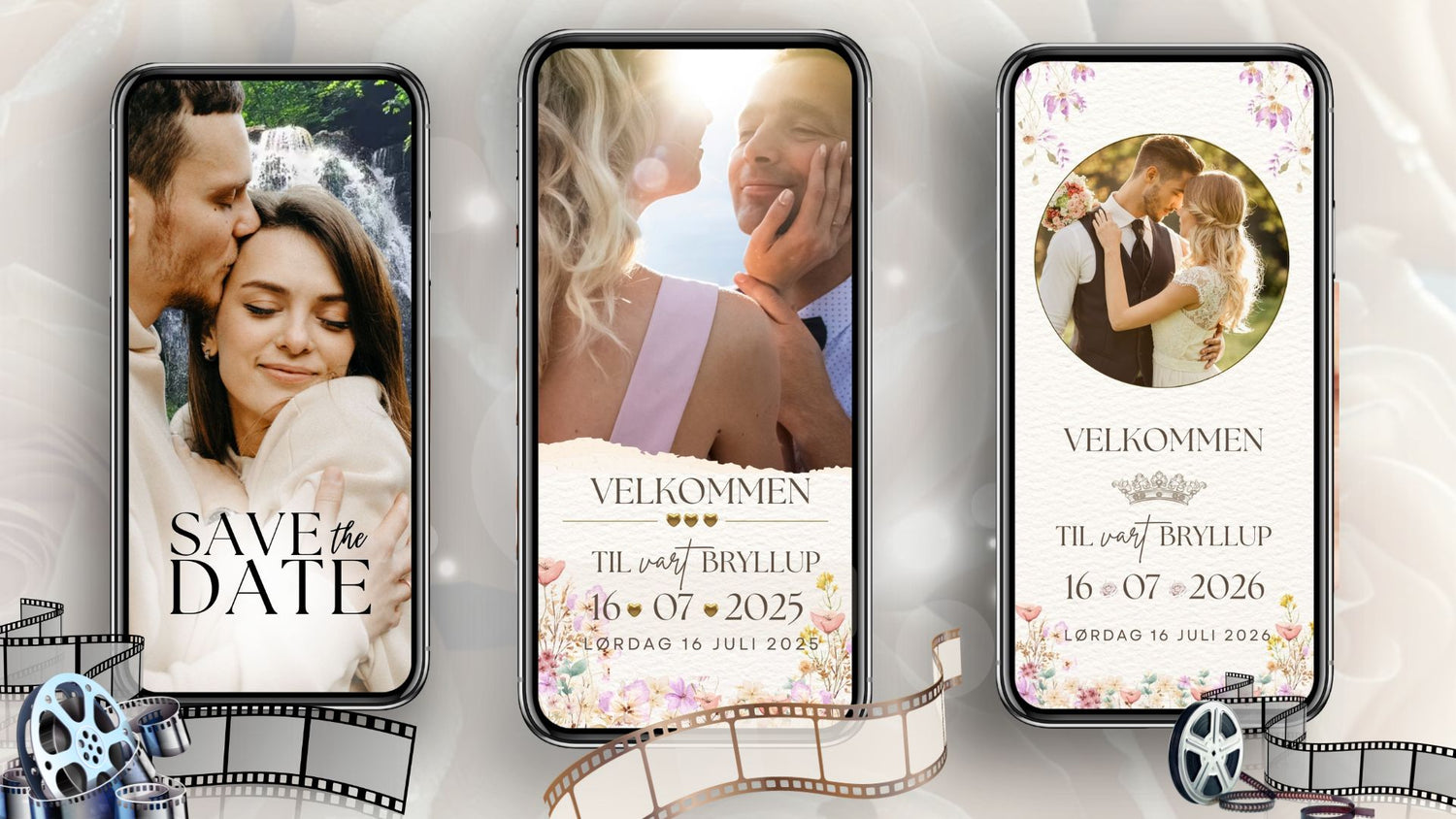 Tre digitale bryllupsinnbydelser vist på mobilskjermer – Save the Date, blomstrete velkommen-design og elegant bryllupsinnbydelse med dato 16. juli 2026