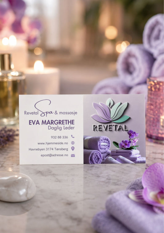 Digitalt visittkort på bryllupsdekorert bord med lilla dekorasjon – design for Eva Margrethe, leder hos Revetal Spa og Velvære, med lilla lotusblomst-logo og kontaktinfo i lilla og hvit fargepalett 