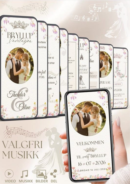 Bryllupsvideo invitasjon klassisk med musikk - personlig design med ferdig tekstforslag - KISS DEKOR