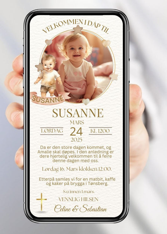 Invitasjon for navnefest og dåp – elegant design til mobil