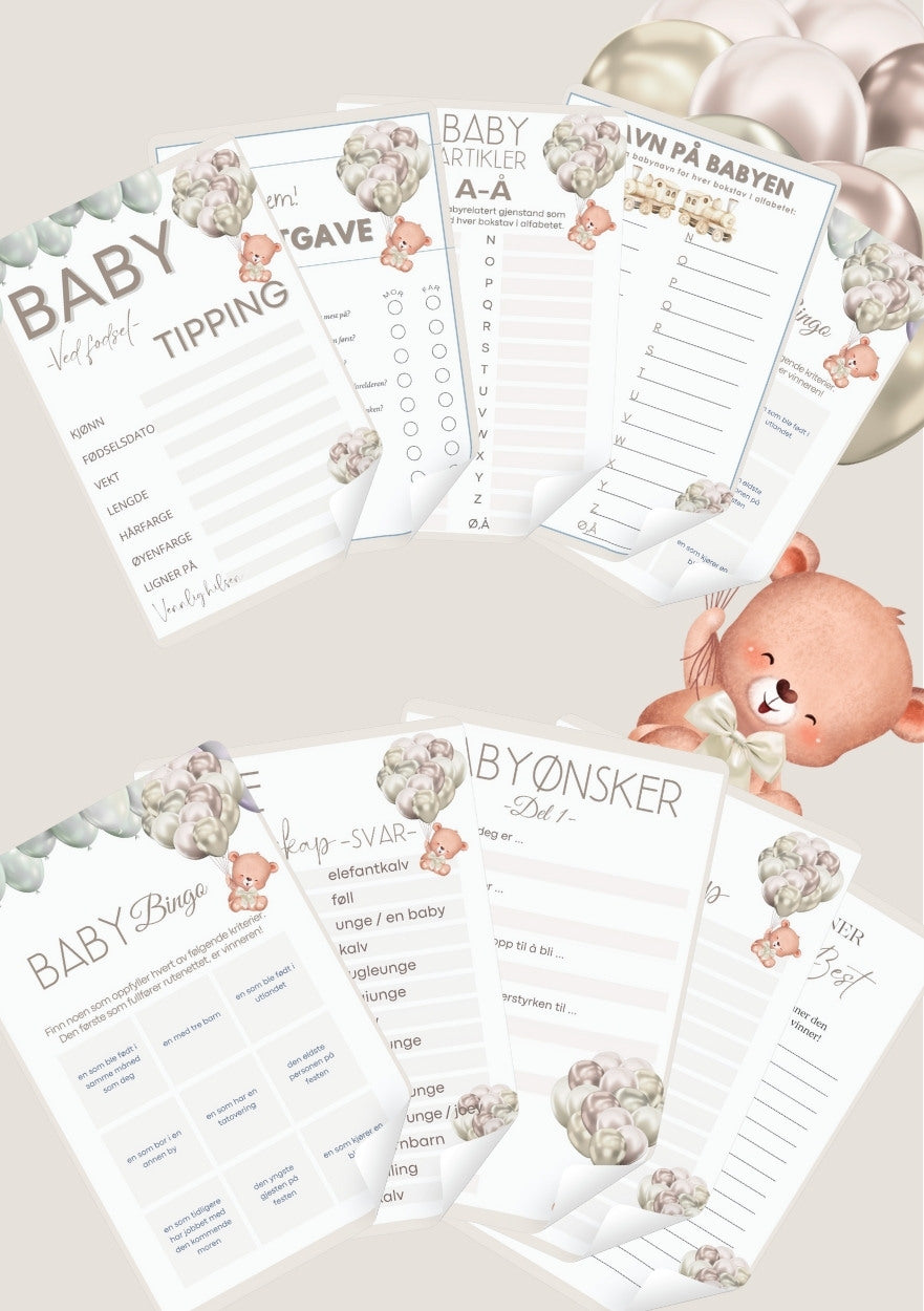 Babyshower leker og minneplakater med personlig design fra KISS DEKOR