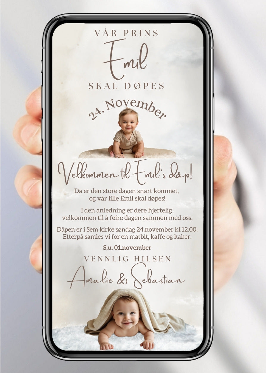 Invitasjon for navnefest og dåp – stilren design til mobil