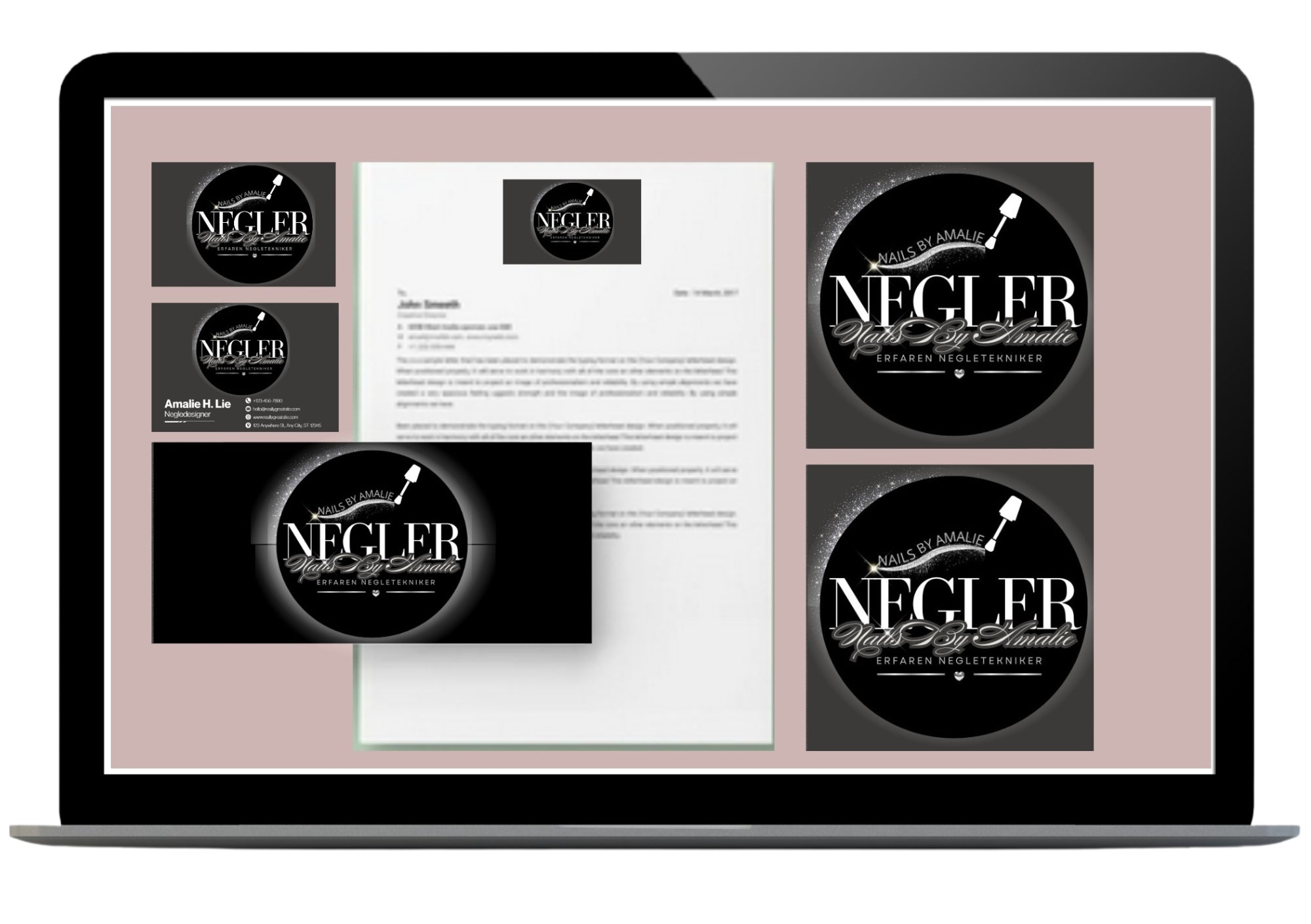 Logopakke med visittkort, brevpapir og logodesign - komplett visuell identitet for neglesalong