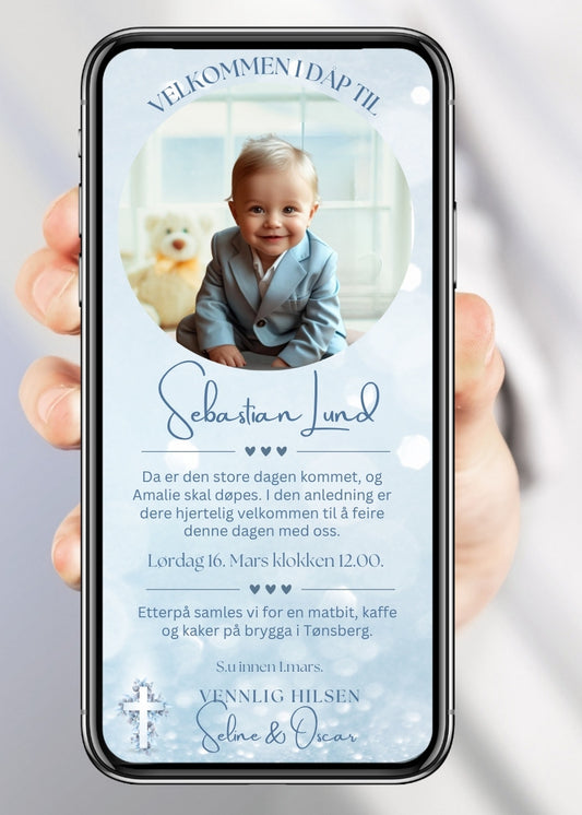 Dåpsinvitasjon eksklusiv blå - personlig og elegant. Ferdig tekstforslag - KISS DEKOR