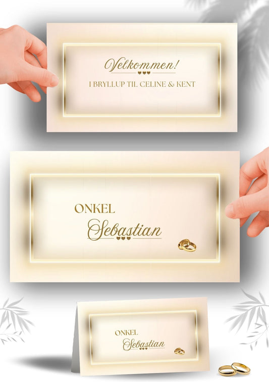 Elegant bordkort til bryllup med personlig design og gulldetaljer