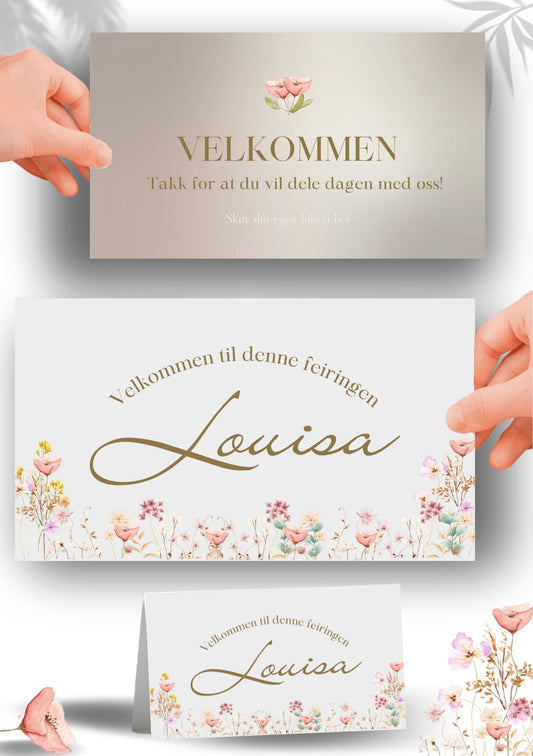 Delikat bordkort til arrangement med personlig design og blomsterdetaljer