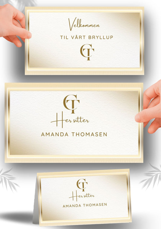 Elegant bordkort til bryllup med personlig design og gulldetaljer