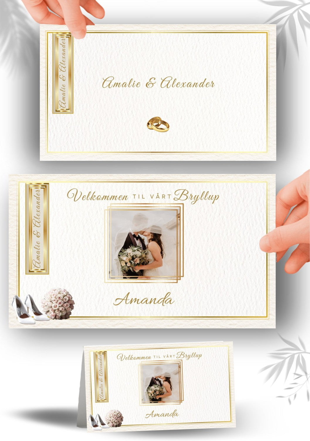 Elegant bordkort til bryllup med personlig design og gulldetaljer