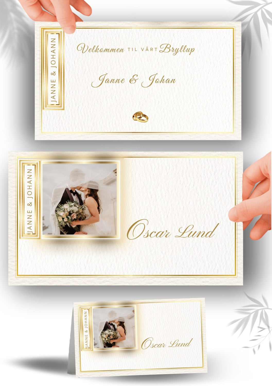 Dekorativt bordkort til bryllup med personlig design og gulldetaljer
