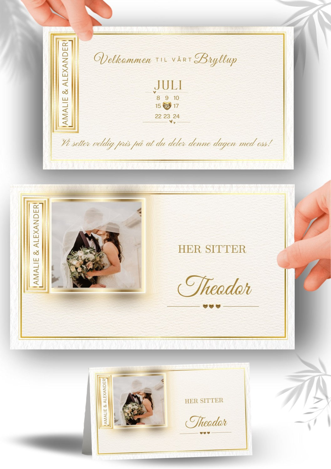 Dekorativt bordkort til bryllup med personlig design og gulldetaljer