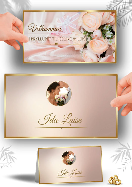 Utskrivbart rosa bordkort til bryllup med moderne design og tilpasset tekst