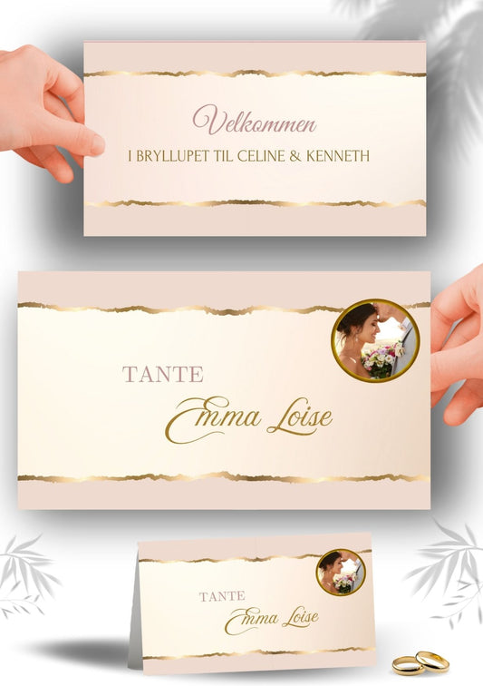 Minimalistisk bordkort til bryllup med personlig design rosa og gulldetaljer