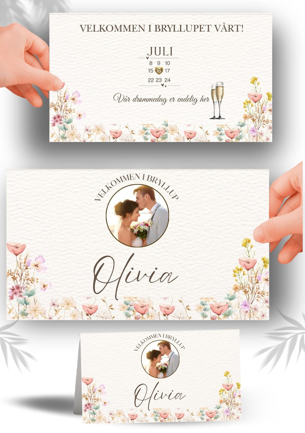 Elegant bordkort til bryllup med personlig design og blomsterdetaljer