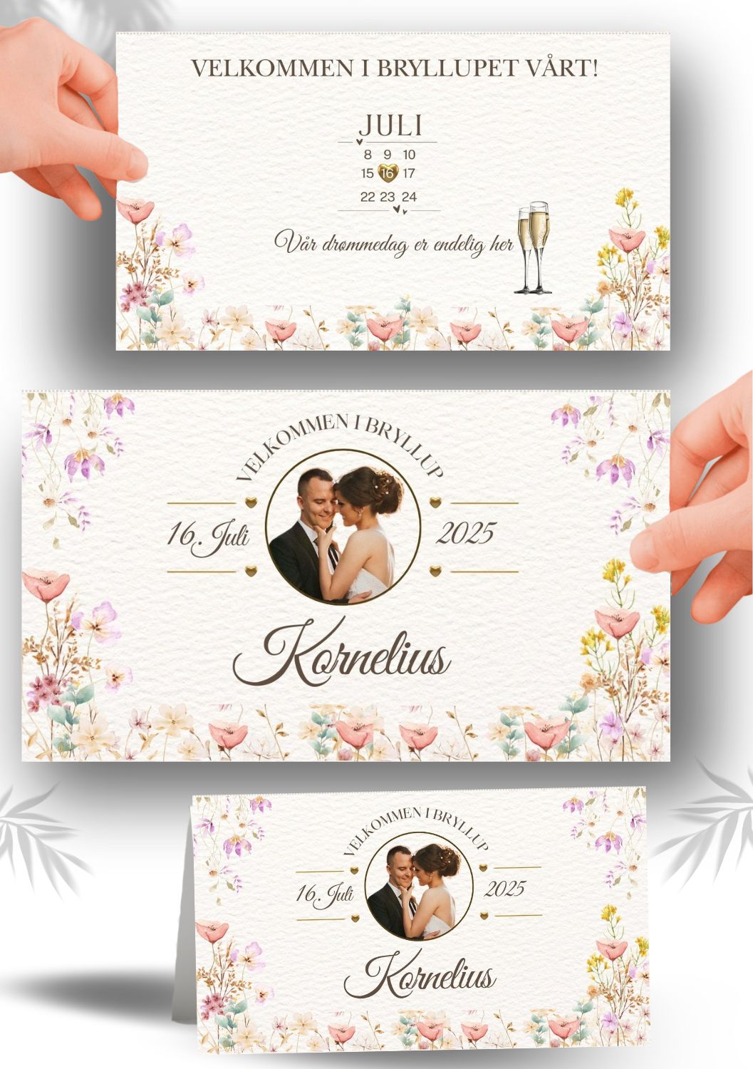 Elegant bordkort til bryllup med personlig design og blomsterdetaljer