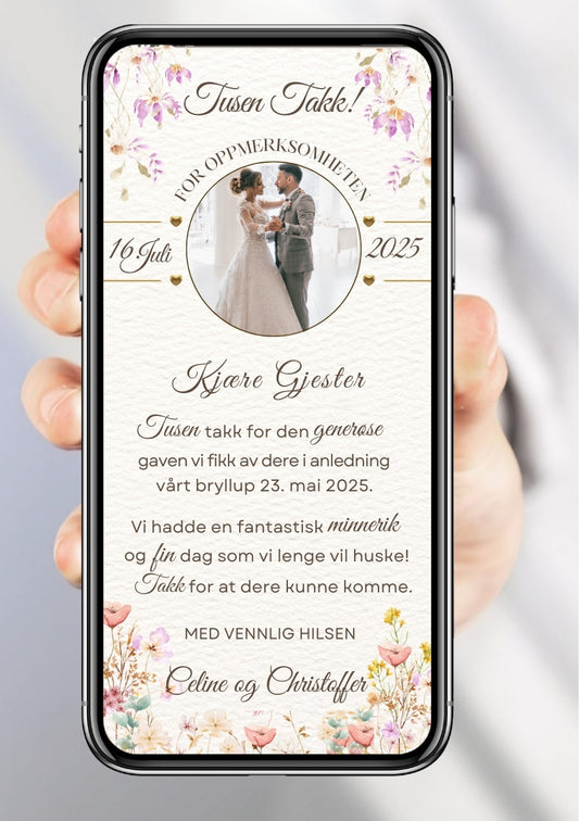 Takkekort bryllup hvit elegant - personlig design med ferdig tekstforslag - KISS DEKOR