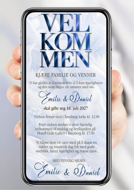 Digital bryllupsinvitasjon vist på mobil med store blå bokstaver som danner «Velkommen», blå håndskriftnavn og invitasjonstekst på lys blå blomsterbakgrunn.