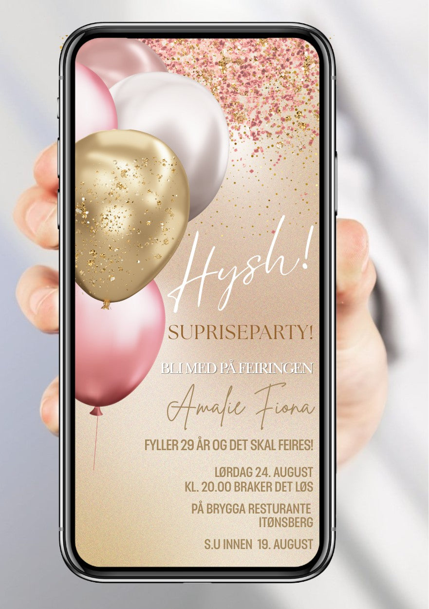 Mobil overraskelsesparty-invitasjon med store rosa og gullballonger, rosa glitter og elegant skrift på beige bakgrunn – vist på mobilskjerm