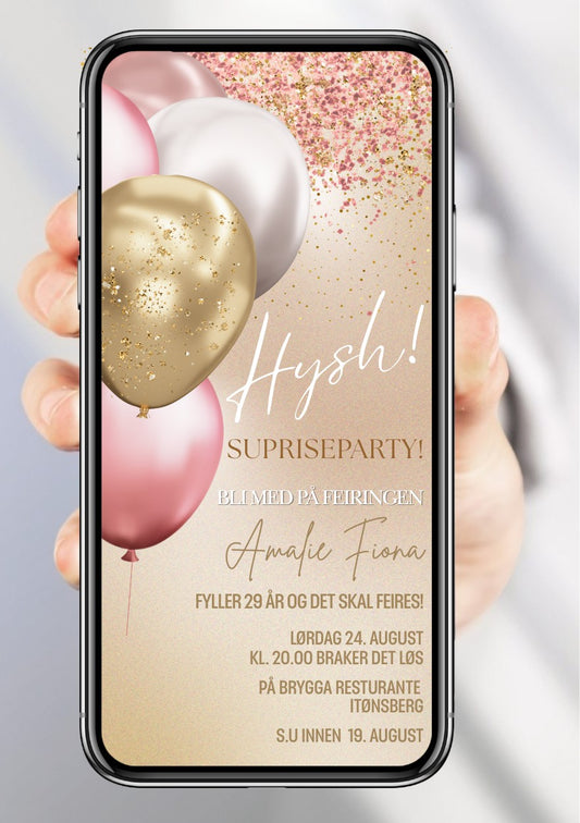Mobil overraskelsesparty-invitasjon med store rosa og gullballonger, rosa glitter og elegant skrift på beige bakgrunn – vist på mobilskjerm