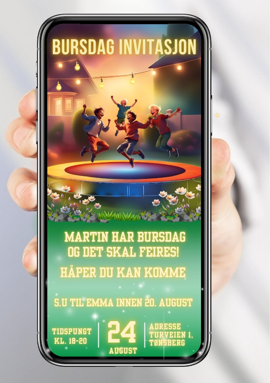 Bursdagsinvitasjon trampoline bursdag