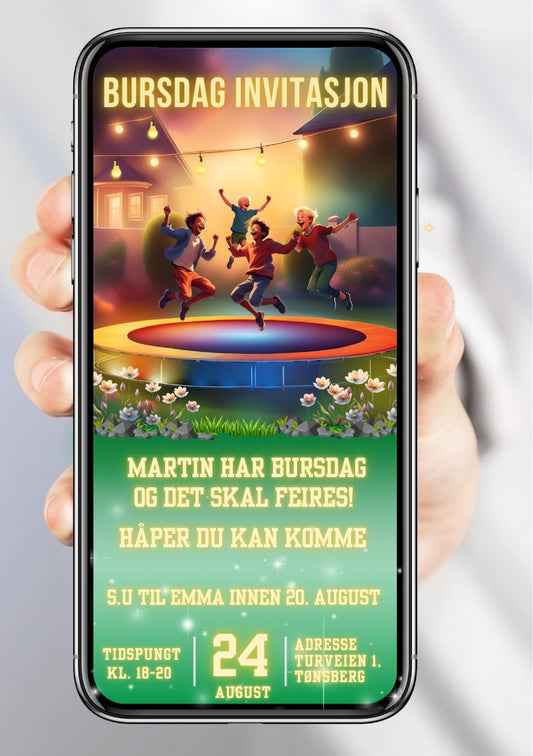 Bursdagsinvitasjon trampoline bursdag