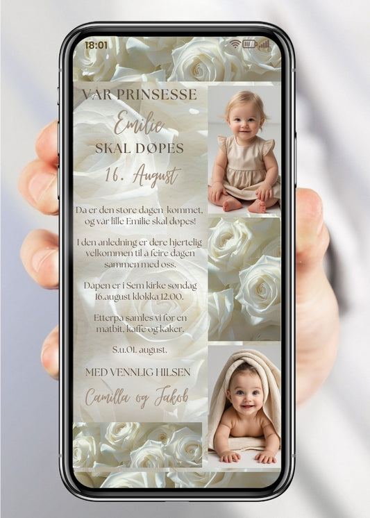 Dåpsinvitasjon hvit med collage - personlig design med ferdig tekstforslag - KISS DEKOR