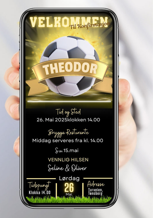 Digital konfirmasjonsinvitasjon med stor fotball, gullbanner med navn og gressbane på sort bakgrunn