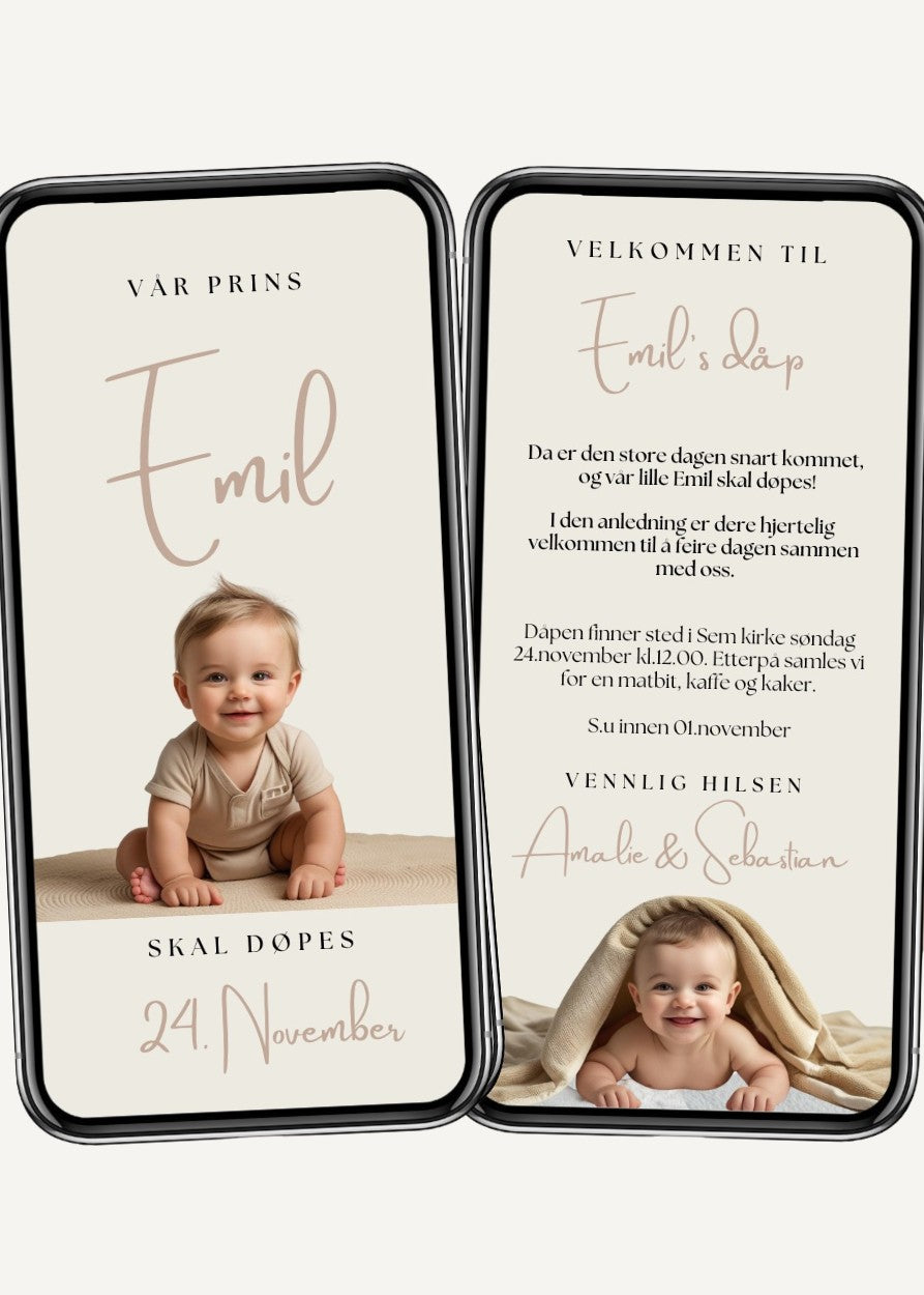 Dåpsinvitasjon elegant med bilde beige – personlig design