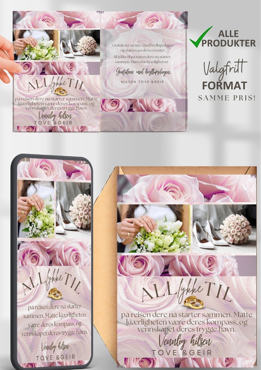 Digitalt gratulasjonskort til brudepar med rosa roser – tilgjengelig som SMS, mobil og A5-format fra KISS DEKOR
