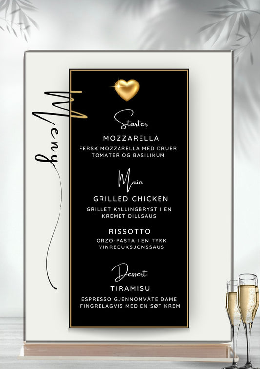 Meny til konfirmasjon - sort personlig og elegant design - KISS DEKOR