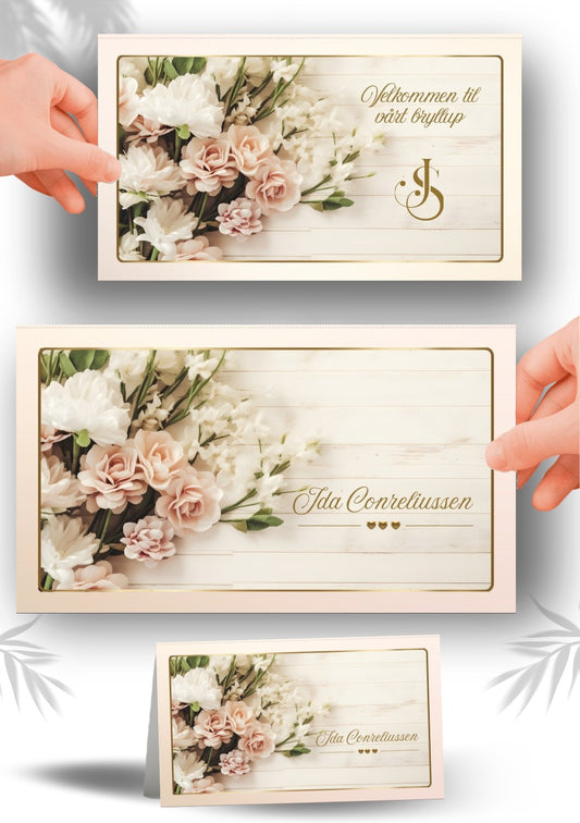 Digitalt bordkort til bryllup med vakker typografi og romantisk stil