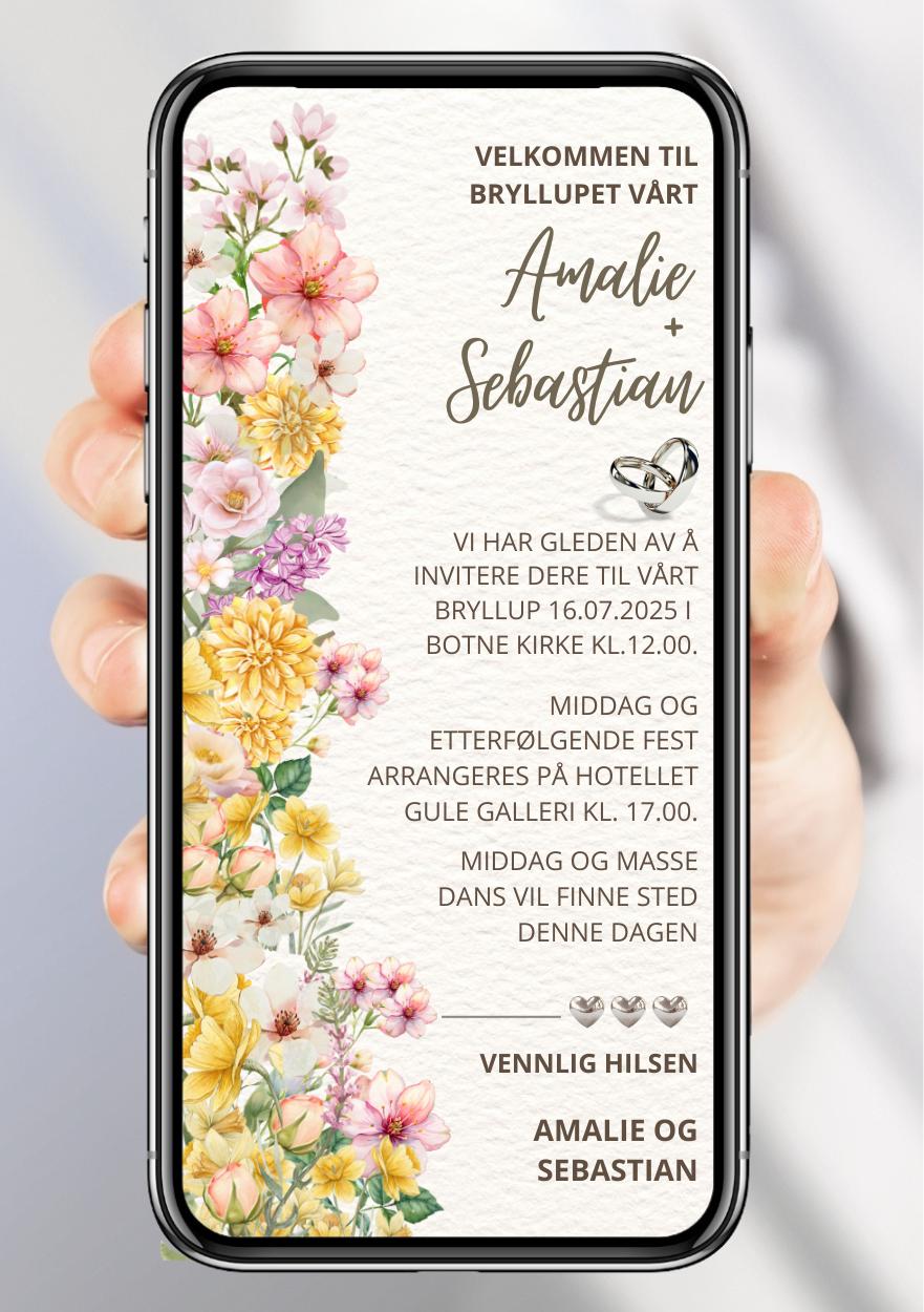 Bryllupsinvitasjon blomster elegant- personlig design med ferdig tekstforslag - KISS DEKOR