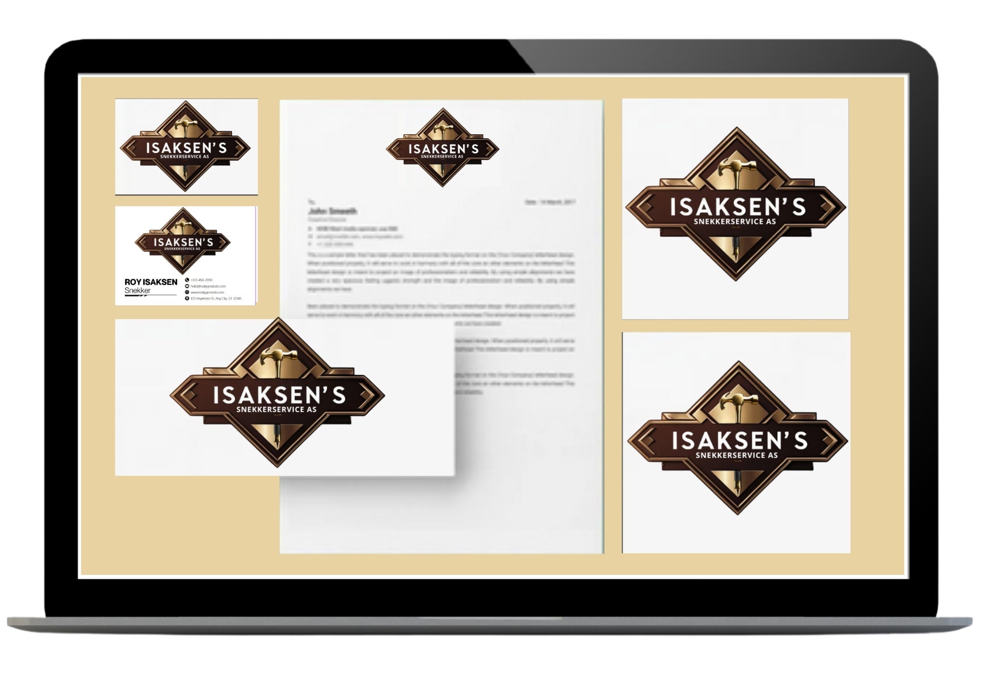 Komplett merkevaredesign med logo og profileringsmateriell - visittkort, brevpapir og logovariasjoner